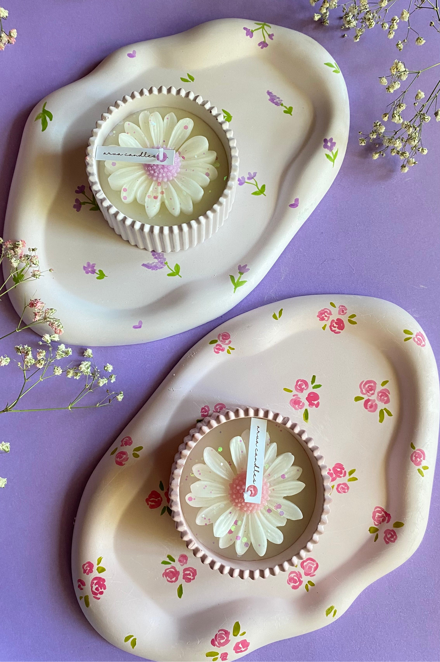 Daisy Pot Candle With Hand Painted Tray