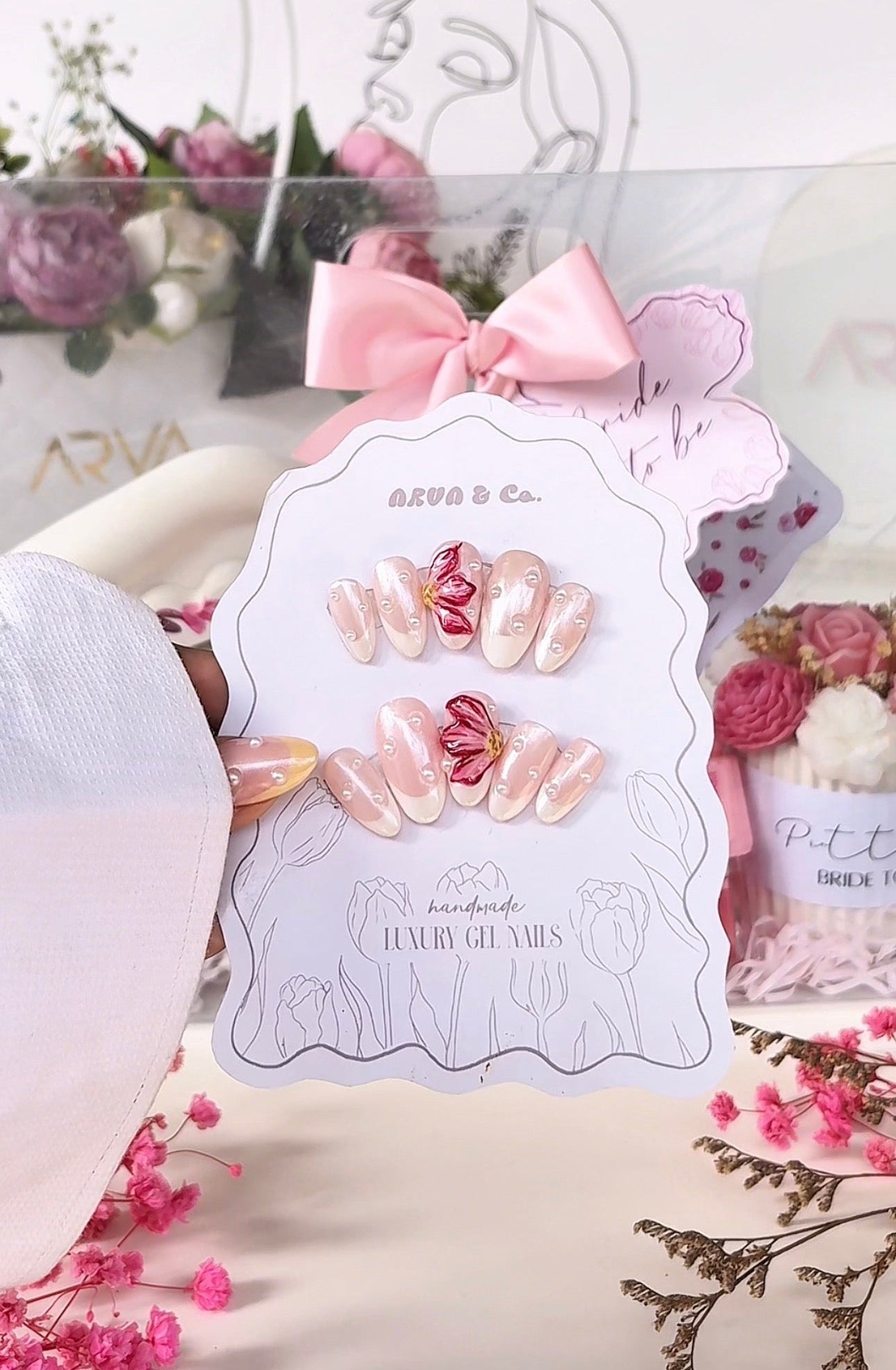 Pink 3D Flower Gel Press-On Nail Set