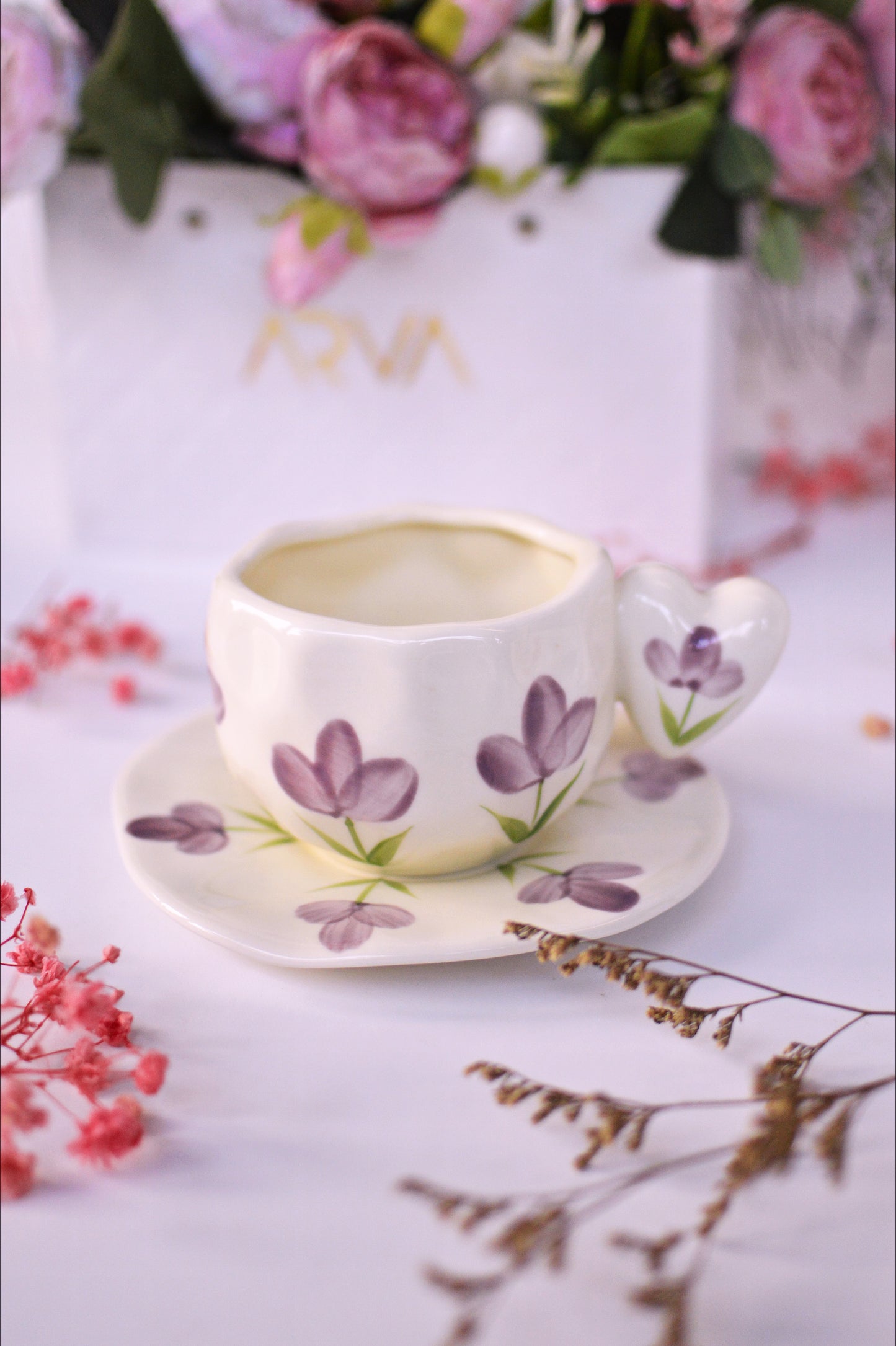 Heart Handle Ceramic Mug & Saucer Set