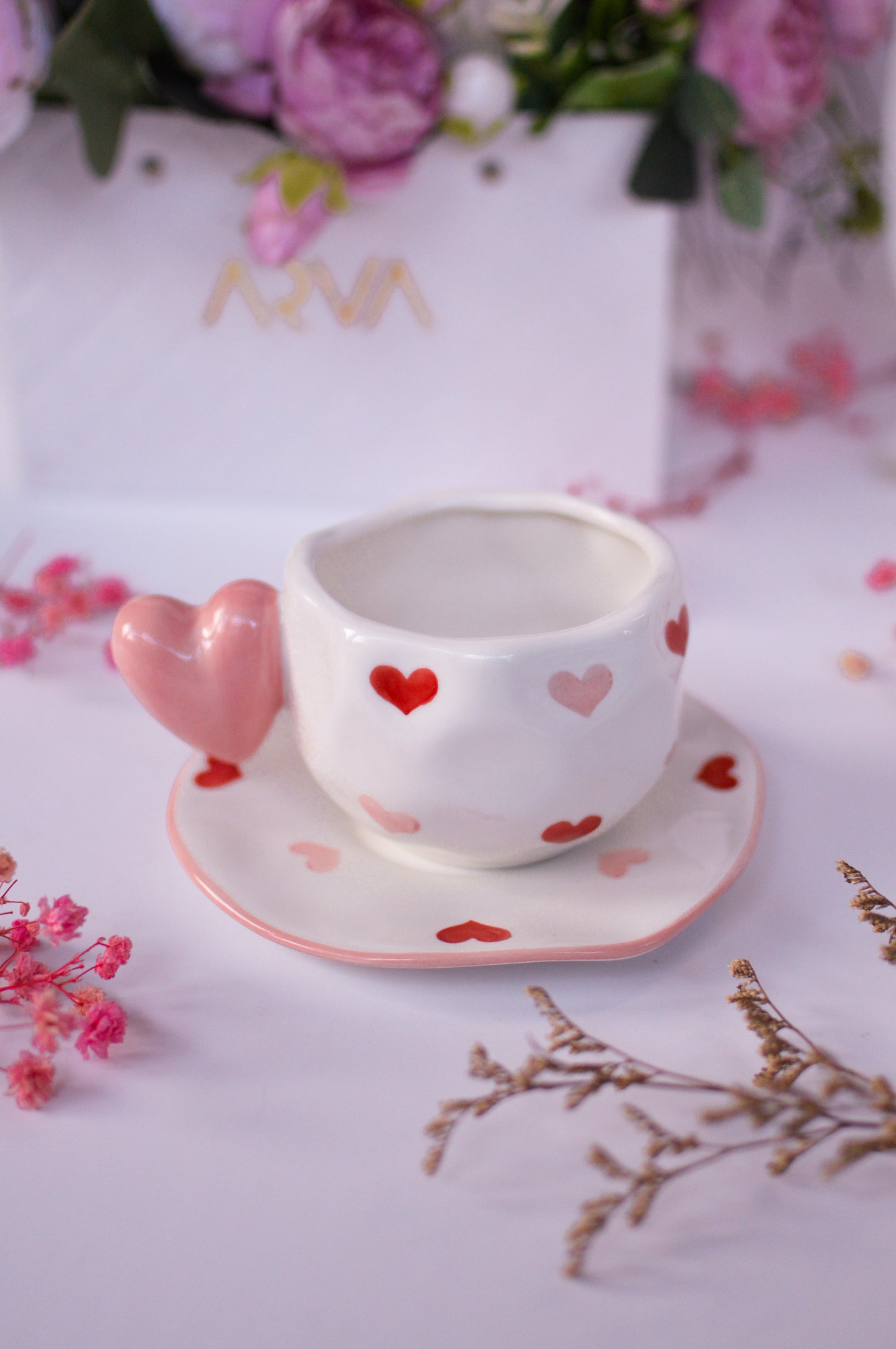 Heart Handle Ceramic Mug & Saucer Set