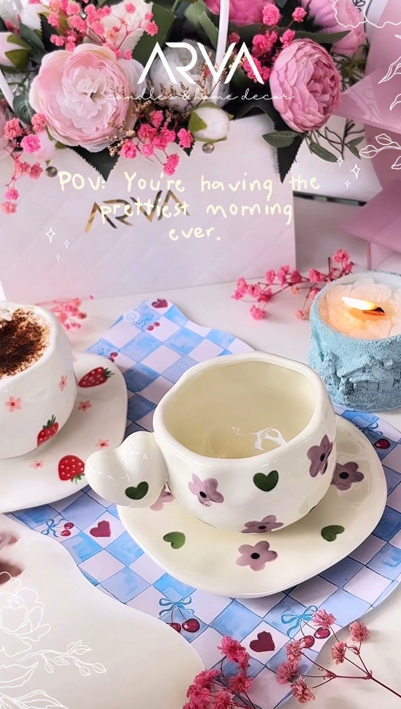 Heart Handle Ceramic Mug & Saucer Set