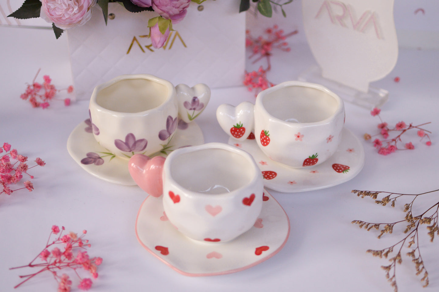 Heart Handle Ceramic Mug & Saucer Set
