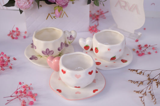 Heart Handle Ceramic Mug & Saucer Set