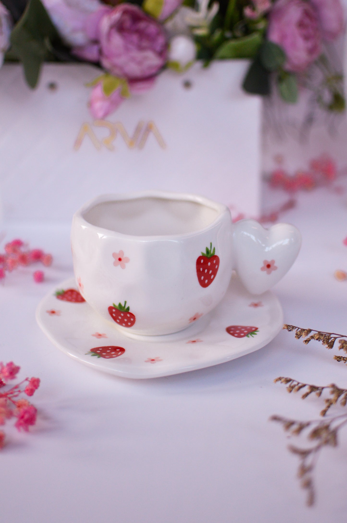 Heart Handle Ceramic Mug & Saucer Set